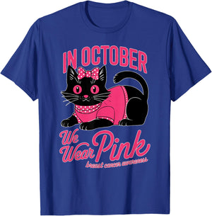 Cute Cat Pink Ribbon In October We Wear Pink Breast Cancer Women Girls Kids T-Shirt - T-Shirt | Royal