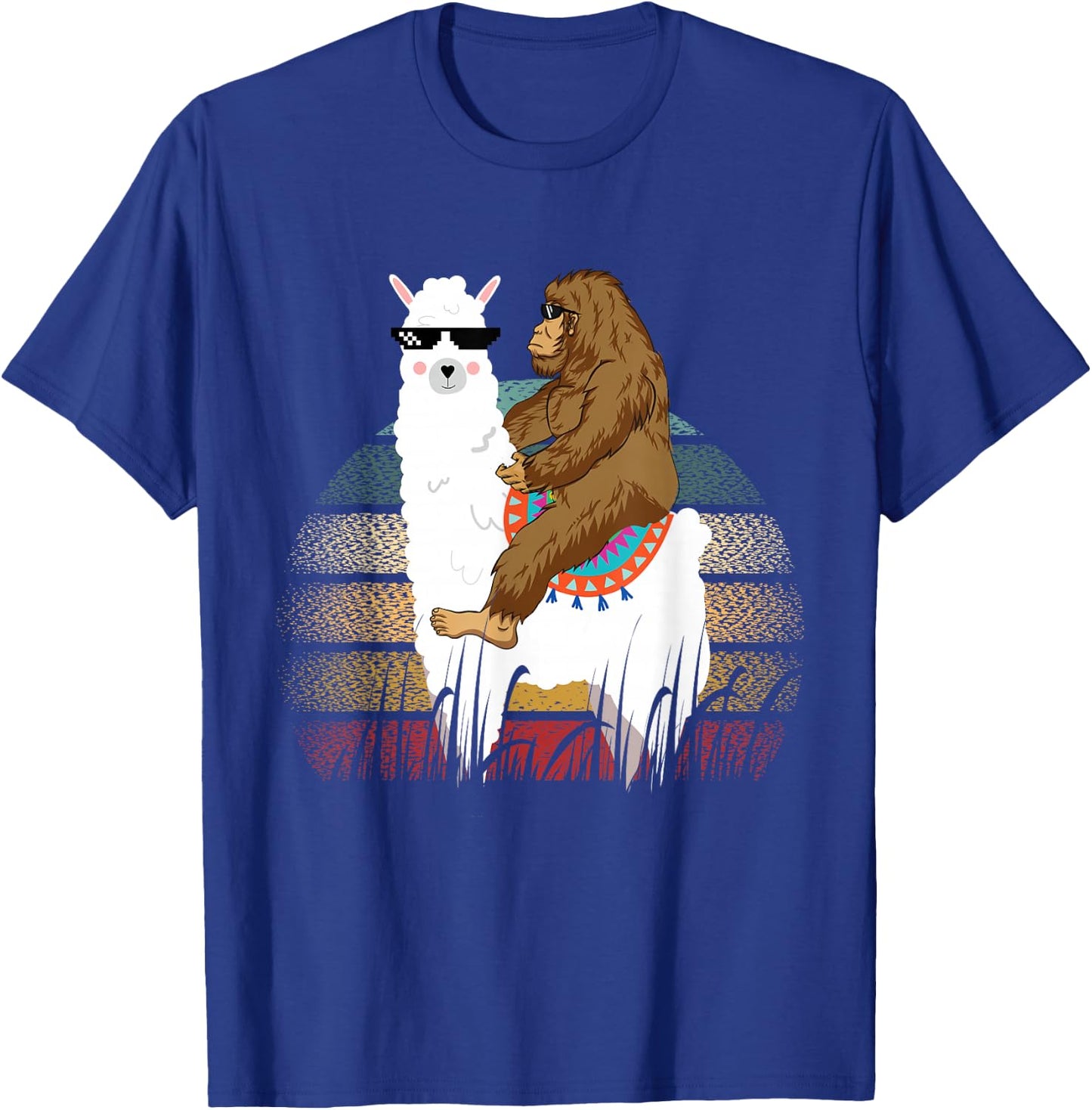 Bigfoot Riding Llama Sasquatch Retro T-Shirt - T-Shirt | Royal