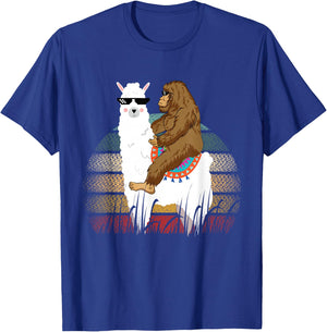 Bigfoot Riding Llama Sasquatch Retro T-Shirt - T-Shirt | Royal