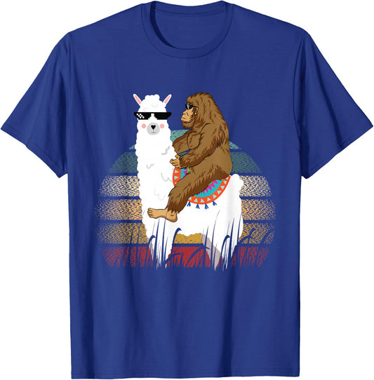 Bigfoot Riding Llama Sasquatch Retro T-Shirt - T-Shirt | Royal