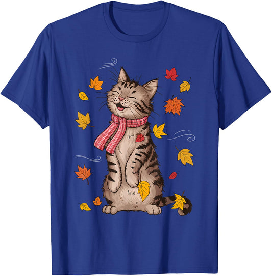 Cute Cat Autumn Fall Breeze Leaves Kitten T-Shirt - T-Shirt | Royal
