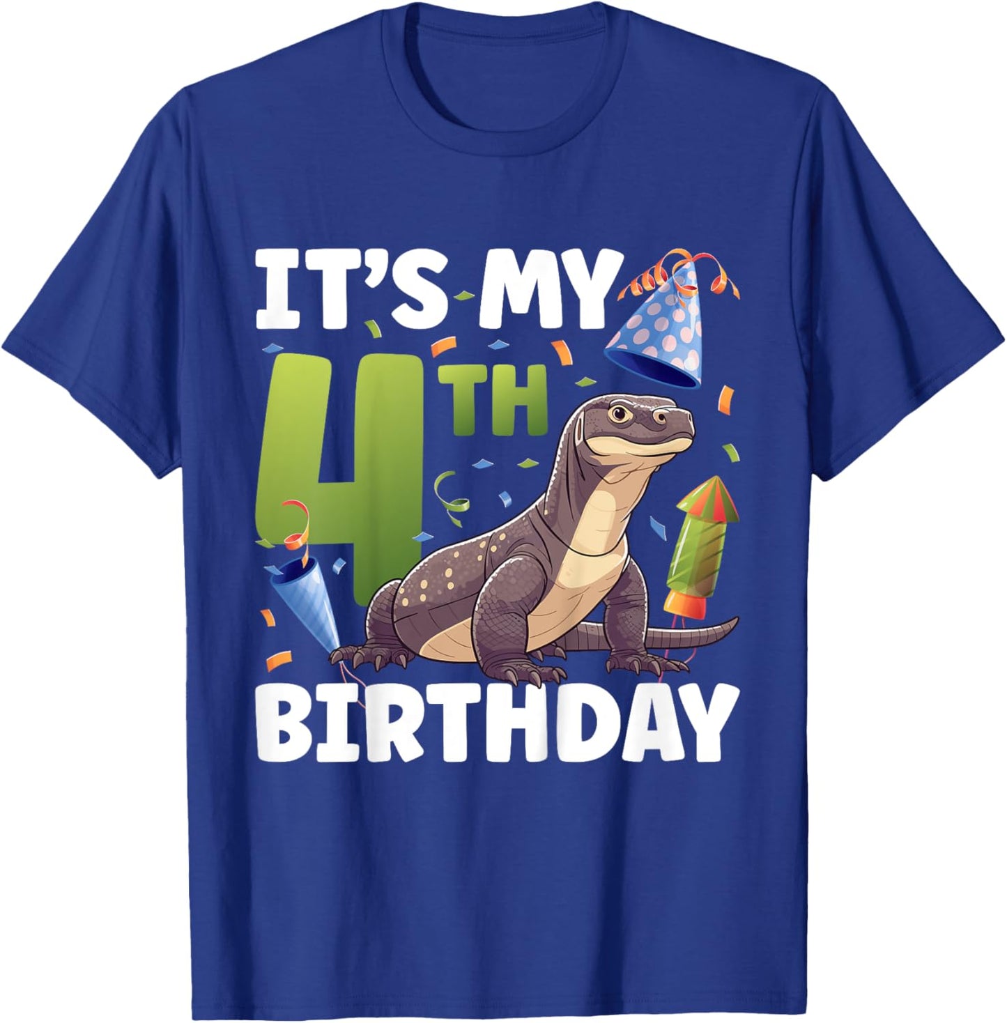 Kids 4th Komodo Dragon Birthday Party Four Year Old Komodo Dragon T-Shirt - T-Shirt | Royal