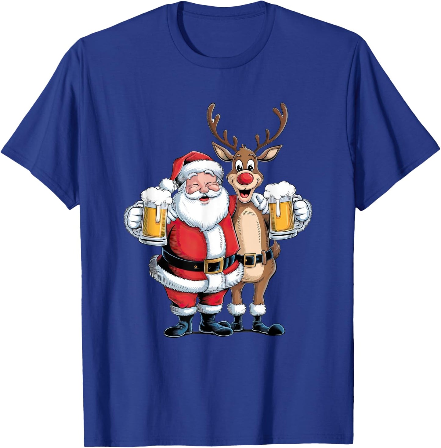 Santa Having a Beer with Reindeer. Funny Xmas Holidays T-Shirt - T-Shirt | Royal