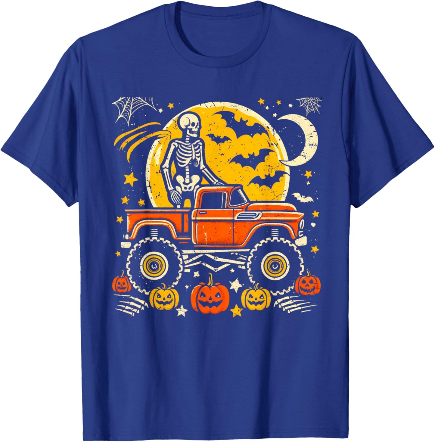 Monster Truck Halloween Jack O Lantern Moon Pumpkin Skeleton T-Shirt - T-Shirt | Royal