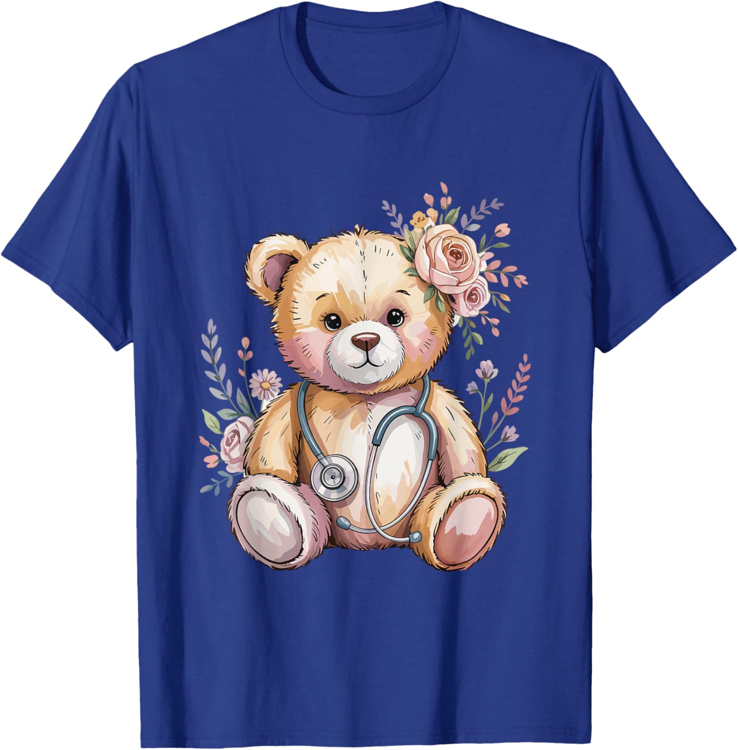 Floral Teddy Bear Flower Kids Doctor Pediatric Nurse T-Shirt - T-Shirt | Royal