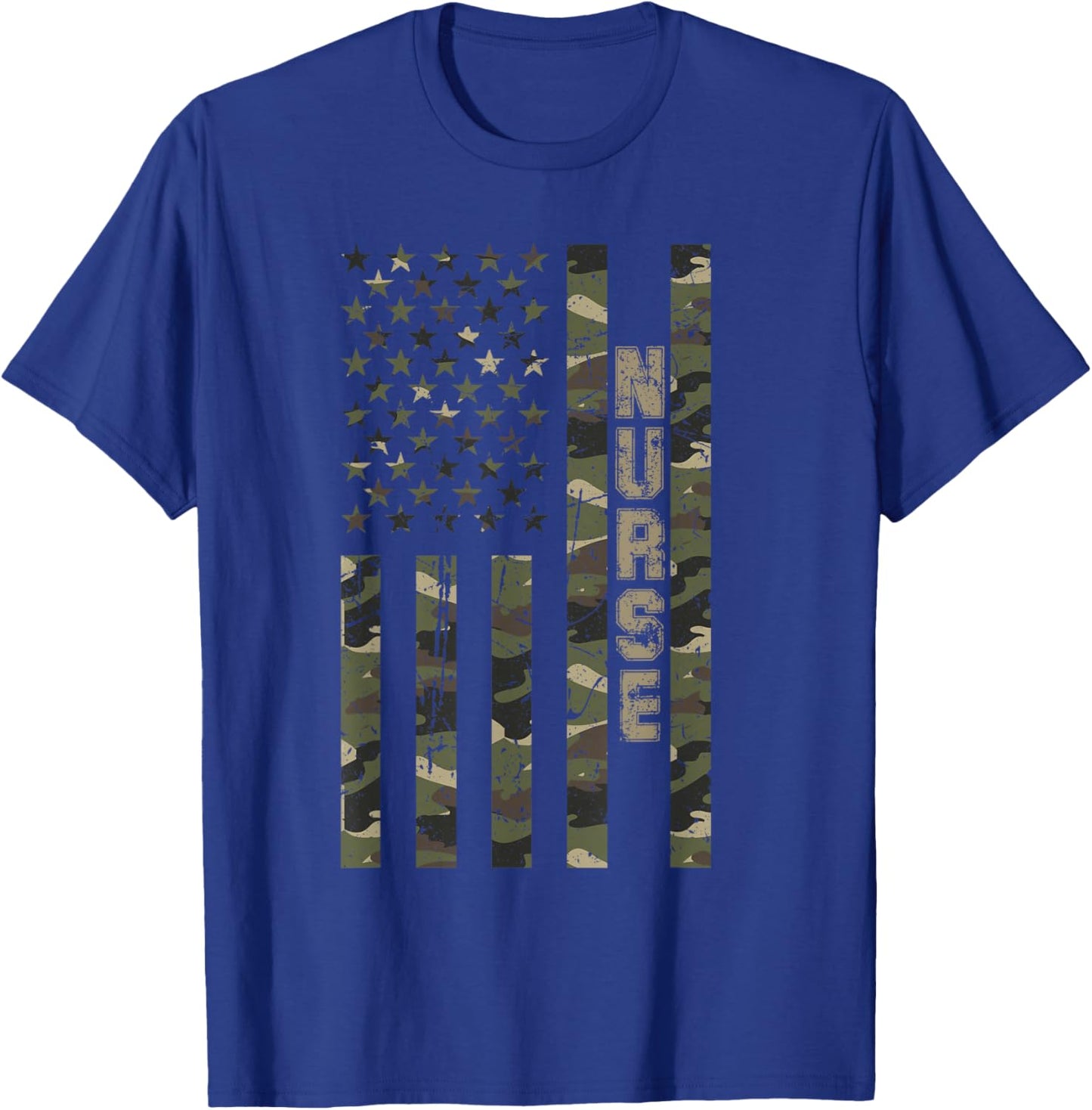 Nurse United States Distressed Camo w US Flag T-Shirt - T-Shirt | Royal