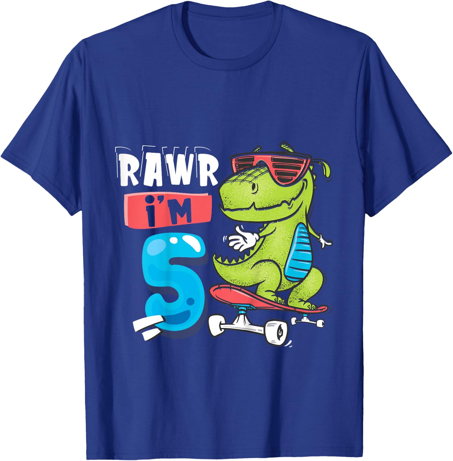 Kids Rawr I'm 5 T Rex Dinosaur Skateboard 5th Birthday For Boys T-Shirt - T-Shirt | Royal