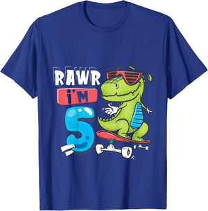 Kids Rawr I'm 5 T Rex Dinosaur Skateboard 5th Birthday For Boys T-Shirt - T-Shirt | Royal