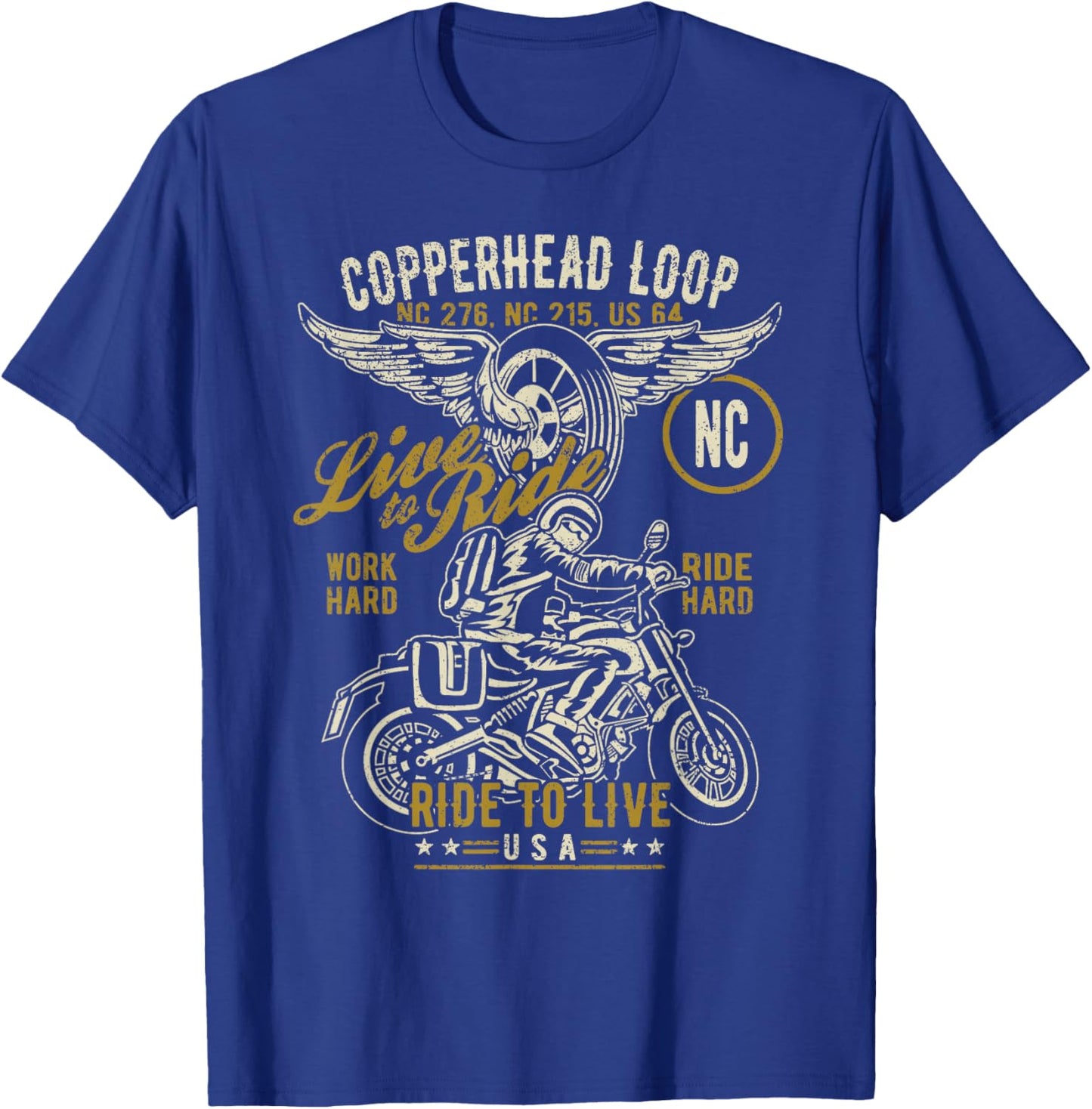 Copperhead Loop NC USA Motorcycle Distressed Design T-Shirt - T-Shirt | Royal