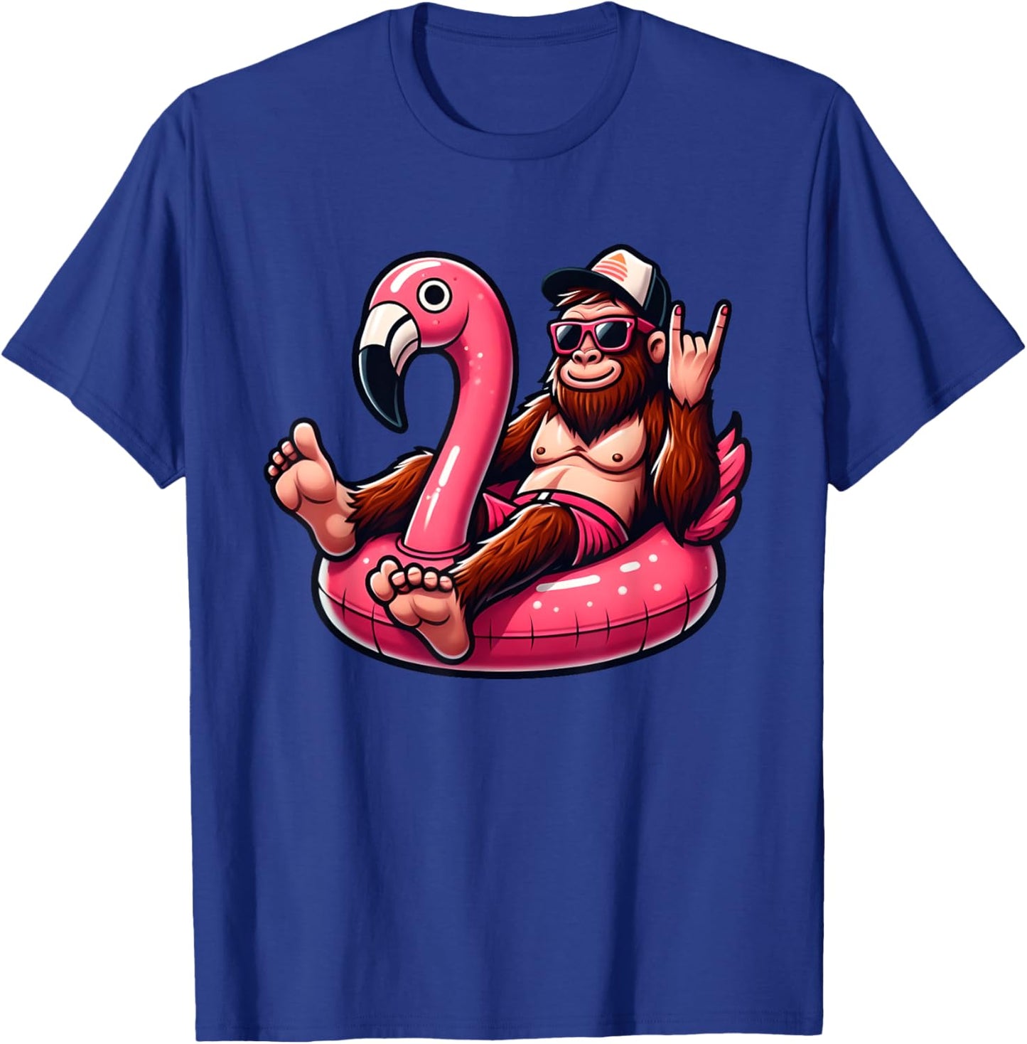 Bigfoot Chilling on Pink Flamingo Pool Float Beach Vacation T-Shirt - T-Shirt | Royal