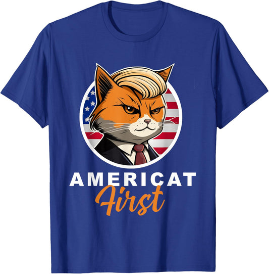 Americat First Funny Patriot American Cats President T-Shirt - T-Shirt | Royal