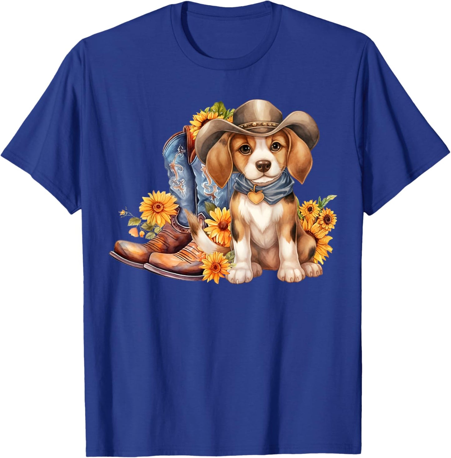 Beagle Dog Cowgirl boots Cowboy hat Sunflower Summer T-Shirt - T-Shirt | Royal