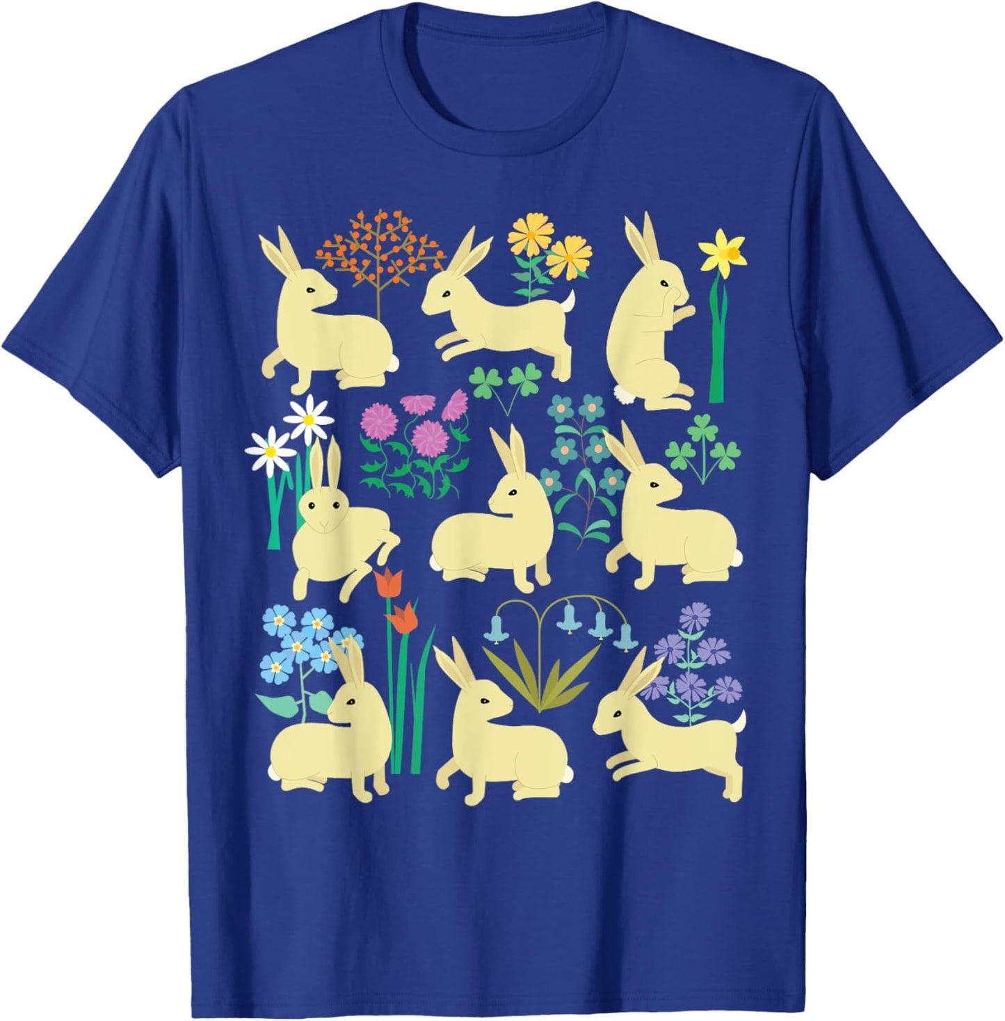 Playful little rabbits (bunnies) among colorful flowers T-Shirt - T-Shirt | Royal