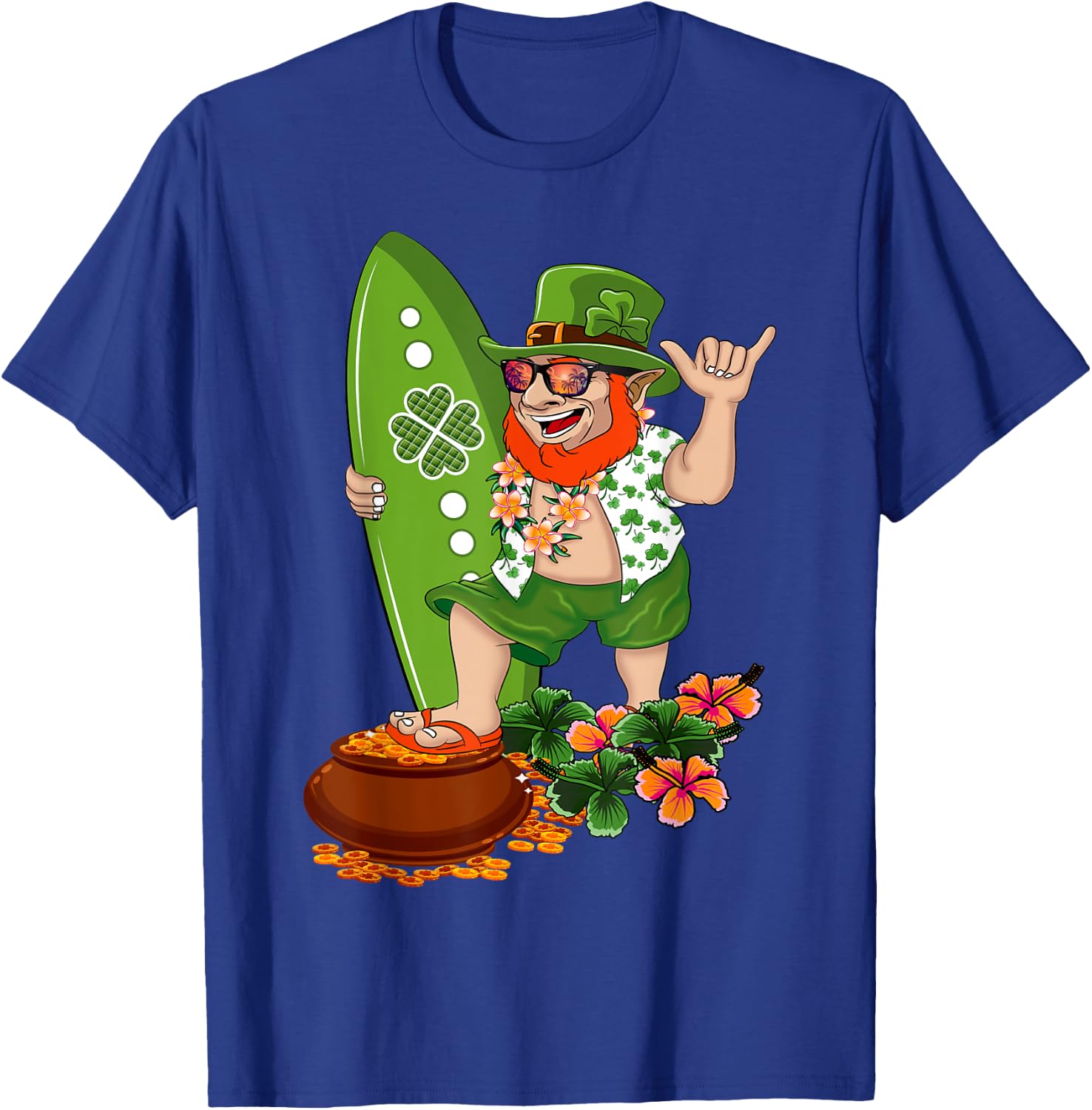 St Patricks Day Green Hawaiian Irish Leprechaun Surfer Shaka T-Shirt - T-Shirt | Royal
