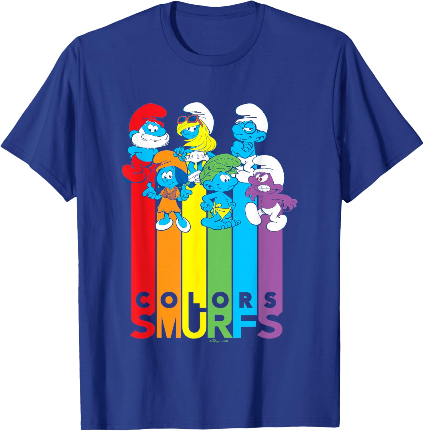 The Smurfs Colors Smurfs Cute Group Shot Big Chest Logo T-Shirt - T-Shirt | Royal