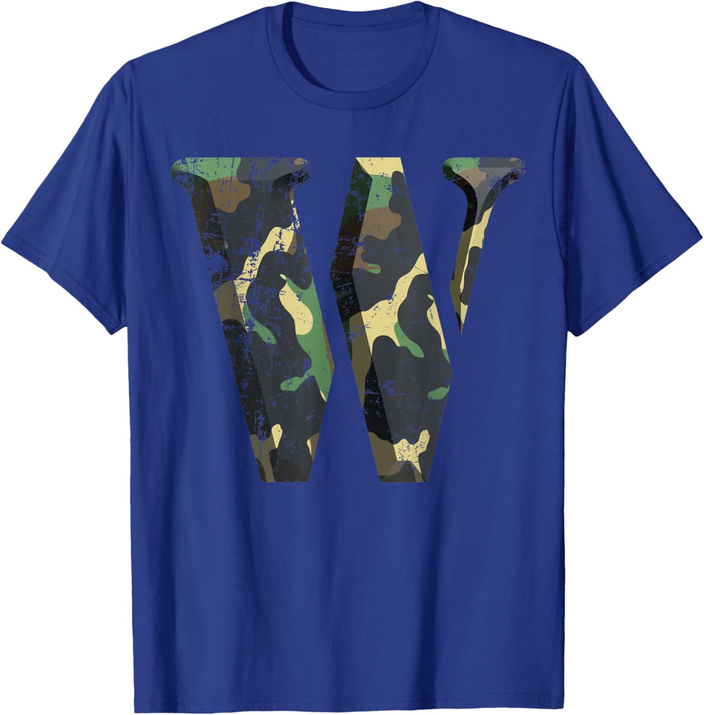 Capital Letter W Stencil Font Army Camo Woodland Camouflage T-Shirt - T-Shirt | Royal