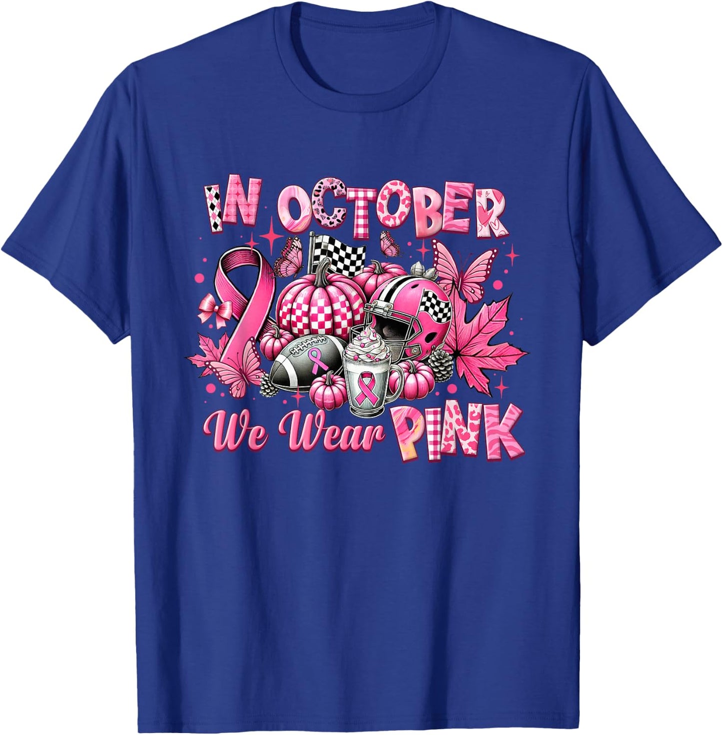 In October We Wear Pink Breast Cancer Pumpkin Football T-Shirt - T-Shirt | Royal