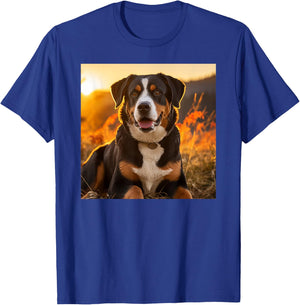 Greater Swiss Mountain Dog Sitting In The Sunset Photography T-Shirt - T-Shirt | Royal
