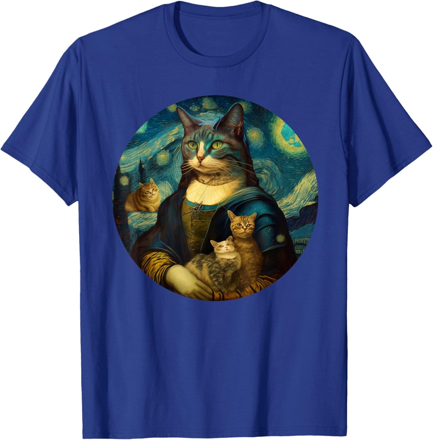 Mona Lisa With Cats Starry Night Van Gogh Funny Art Painting T-Shirt - T-Shirt | Royal