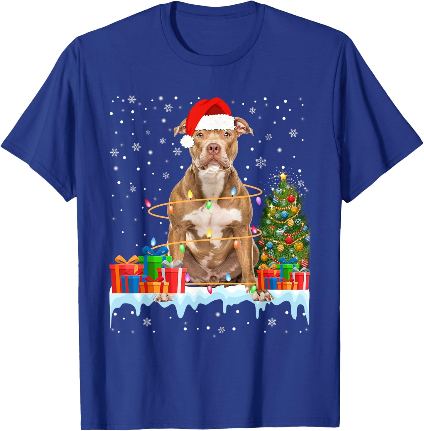 Funny Santa Pitbull Dog Christmas Lights Xmas Pajamas Men Women Kids T-Shirt - T-Shirt | Royal