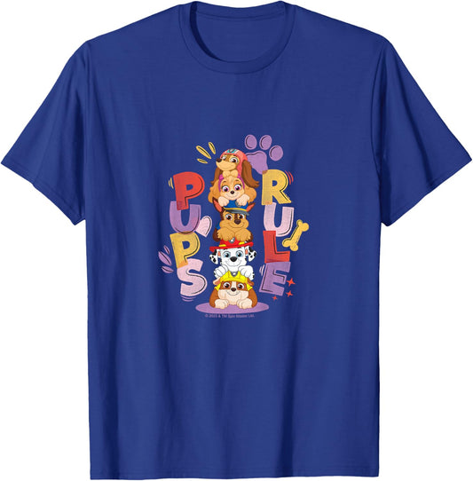 Kids PAW Patrol Pups Rule Cute Colorful Stacked Group Shot T-Shirt - T-Shirt | Royal