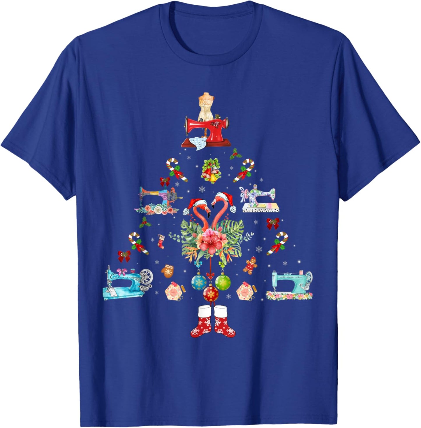 Flamingo Quilting Machine Christmas T-Shirt - T-Shirt | Royal