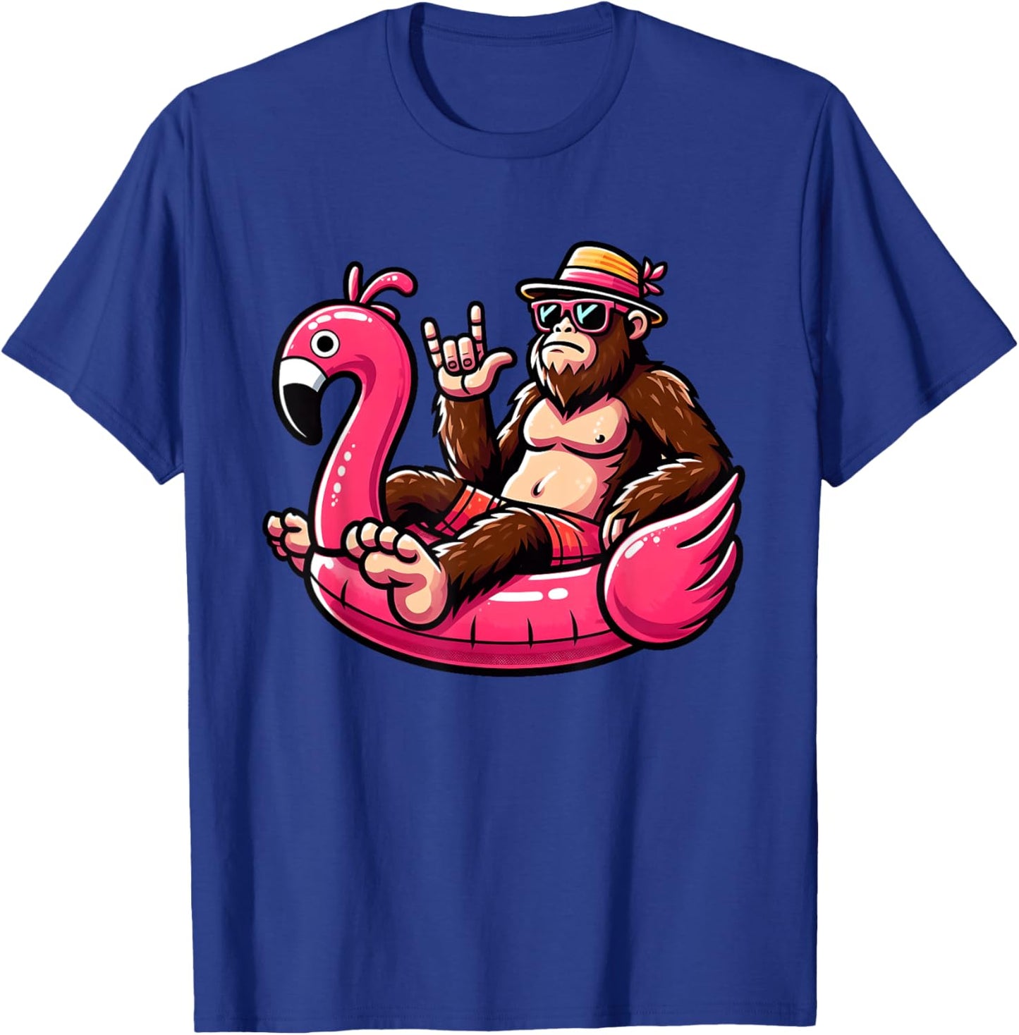Bigfoot Sasquatch on Flamingo Pool Swimming Hawaii Beaches Men Women Kids T-Shirt - T-Shirt | Royal