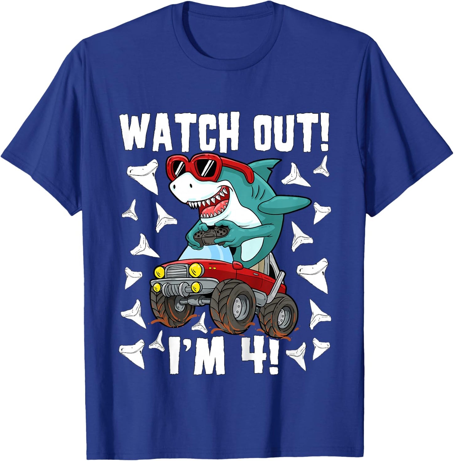 4 Years Old 4th Birthday Shark Boy Girl Monster Truck Gamer T-Shirt - T-Shirt | Royal