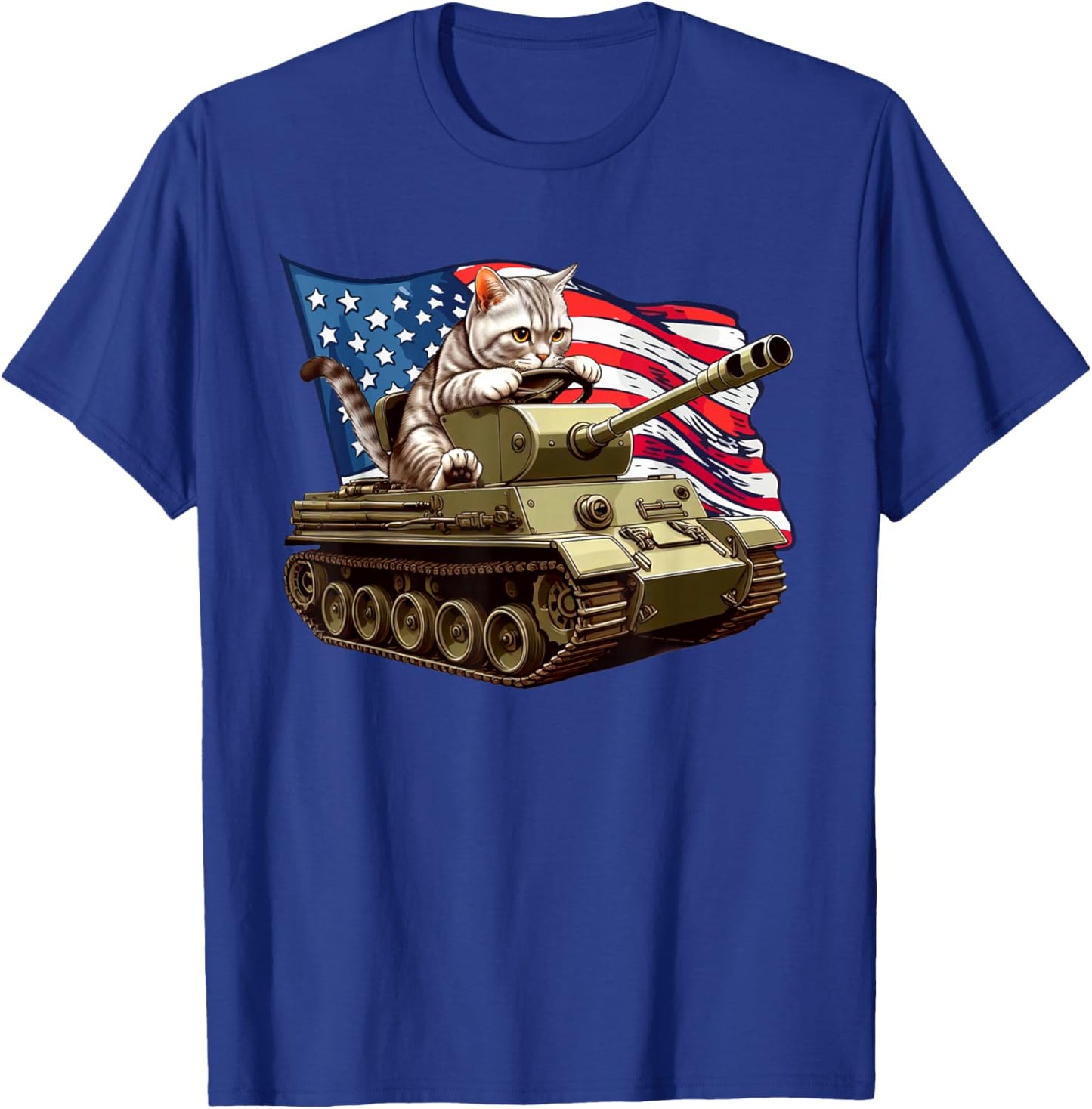 Cat Driving Army Tank American Flag Military Cat Lovers T-Shirt - T-Shirt | Royal