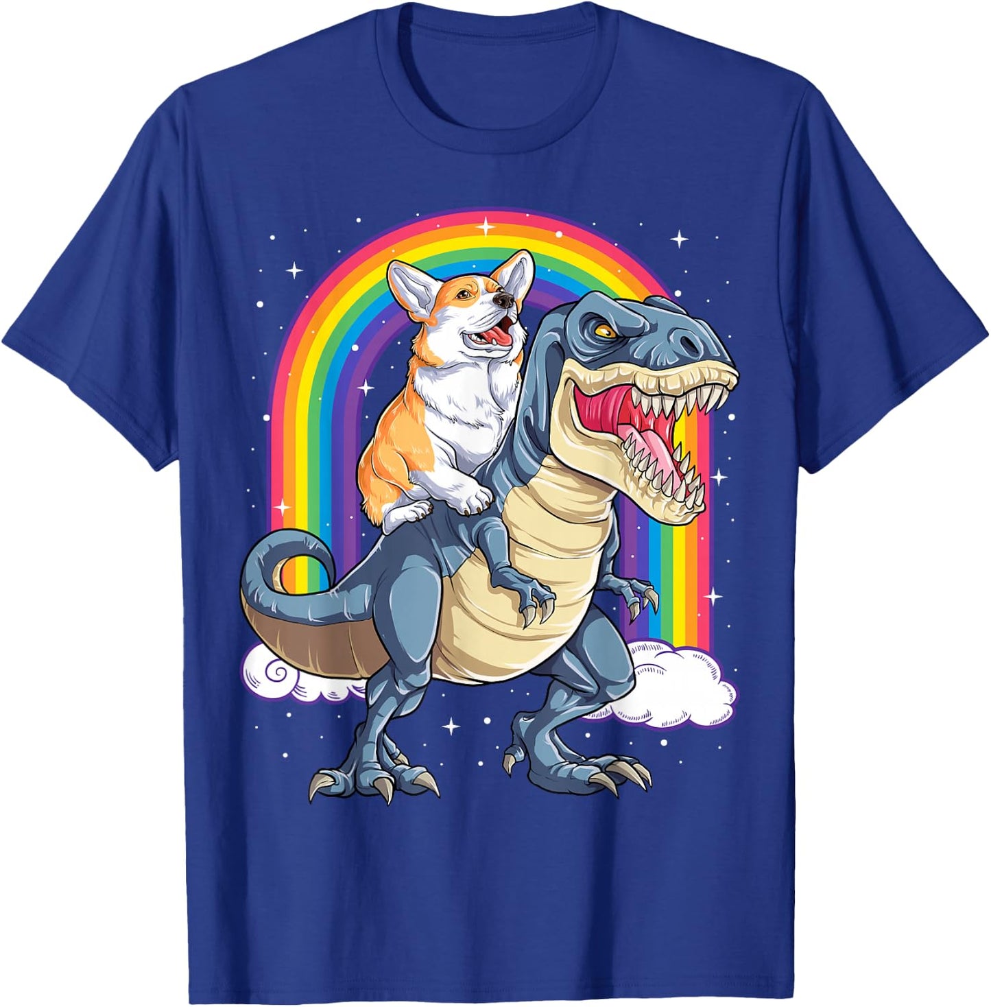 Corgi Riding Dinosaur T-rex Boys Girls Space Galaxy Rainbow T-Shirt - T-Shirt | Royal