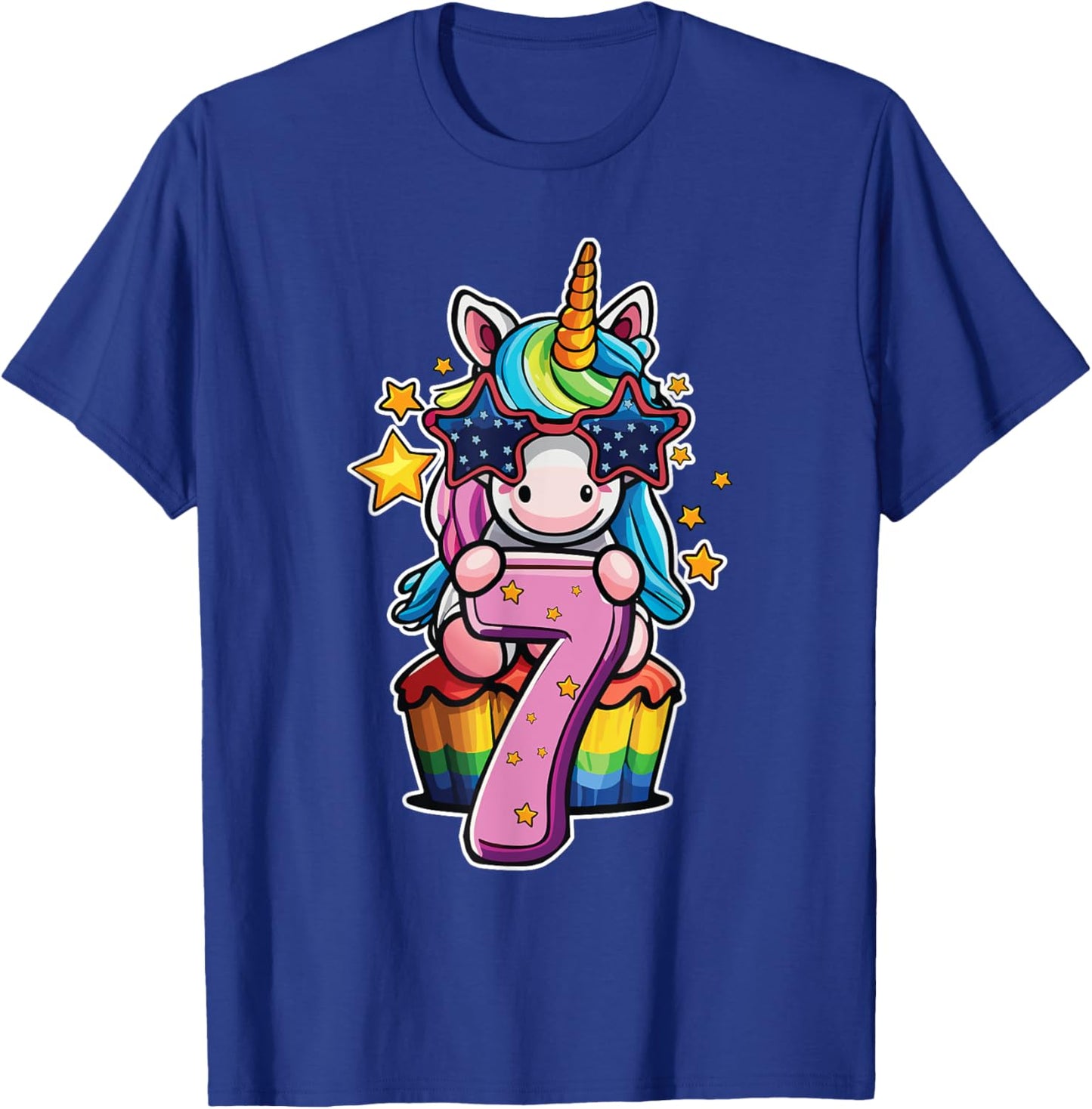 Unicorn Happy 7th Birthday Age 7 Rainbow Cupcake Cute Party T-Shirt - T-Shirt | Royal