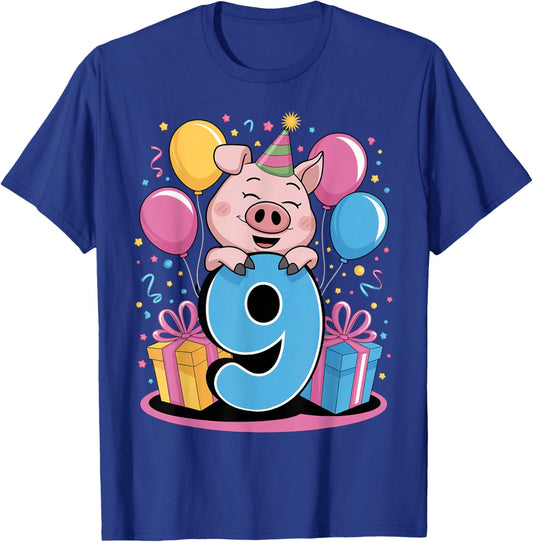 Pig 9th birthday for boy girl 9 years old ninth nine Pig T-Shirt - T-Shirt | Royal