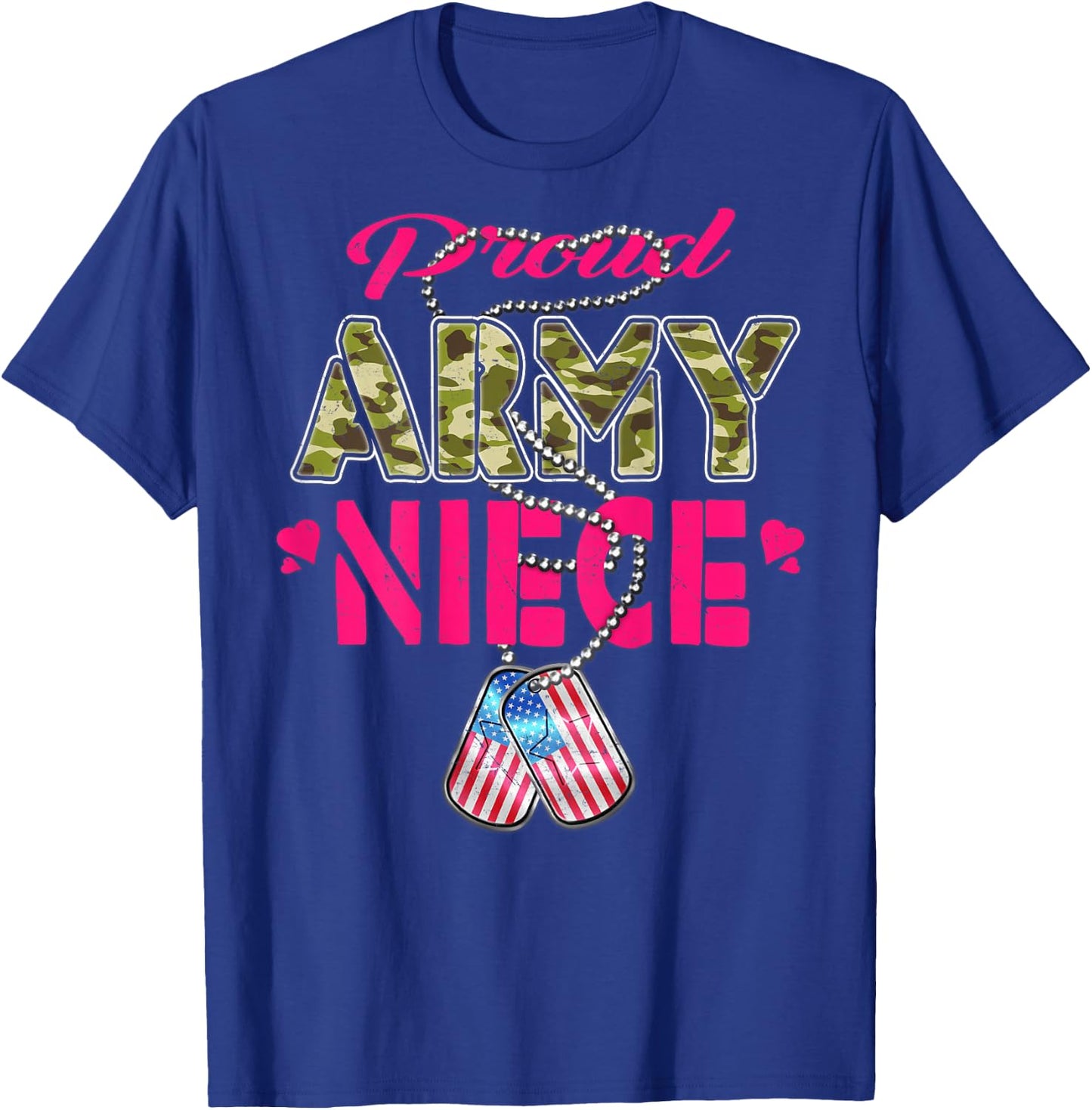 Proud Army Niece US Flag Camo Dog Tags Pride Military Family T-Shirt - T-Shirt | Royal