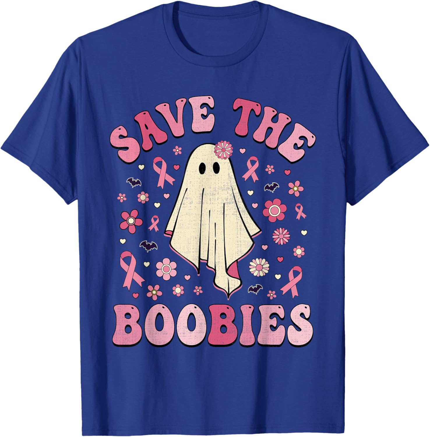 Save the Boobies Pink Halloween Ghost Breast Cancer Groovy T-Shirt - T-Shirt | Royal