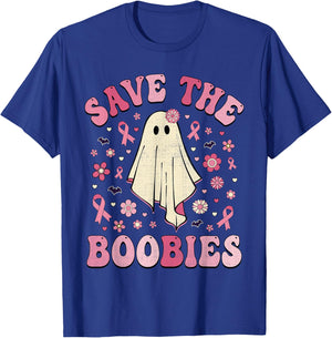 Save the Boobies Pink Halloween Ghost Breast Cancer Groovy T-Shirt - T-Shirt | Royal