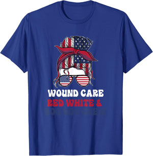 Wound Care Nurse Messy Bun July 4th American T-Shirt - T-Shirt | Royal