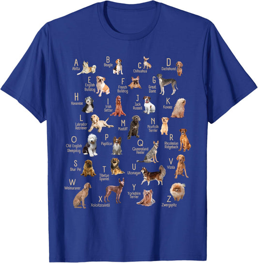 A-Z Dog Breeds Cute ABC Learning Chart Teachers Dog Rescue Men Women Kids T-Shirt - T-Shirt | Royal