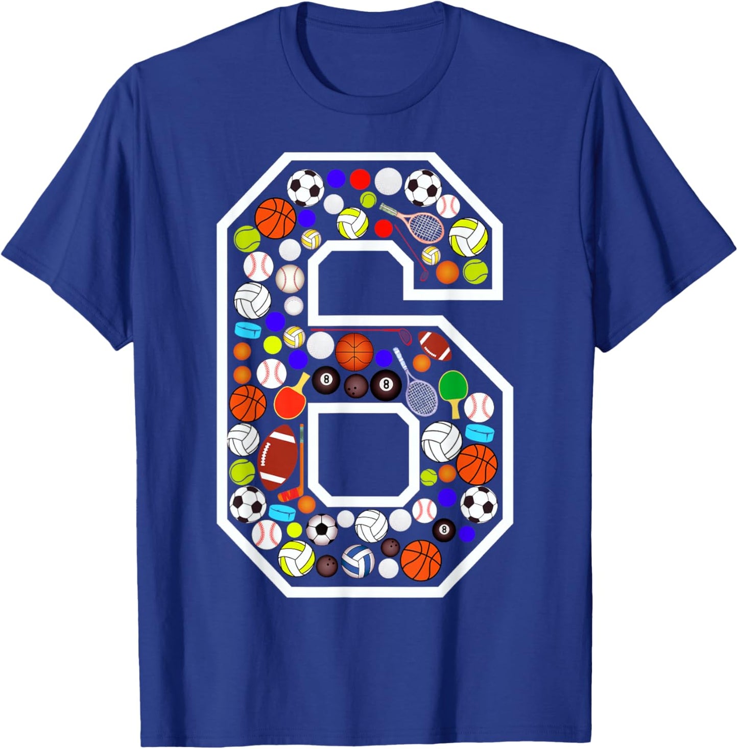 Kids 6th Birthday Sports Big Number Six 6 Year Old Boy T-Shirt - T-Shirt | Royal