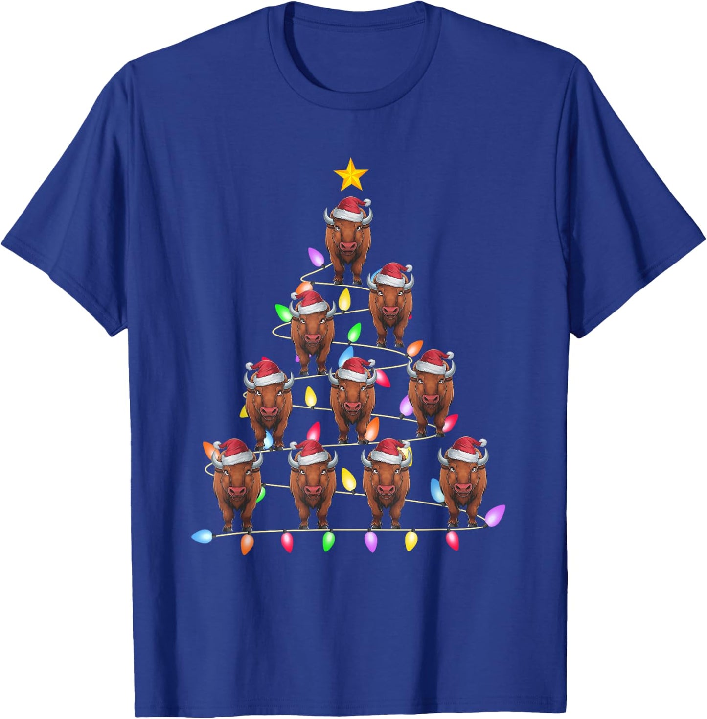 Christmas Tree Lights Men Women Santa Bison Xmas PJs T-Shirt - T-Shirt | Royal