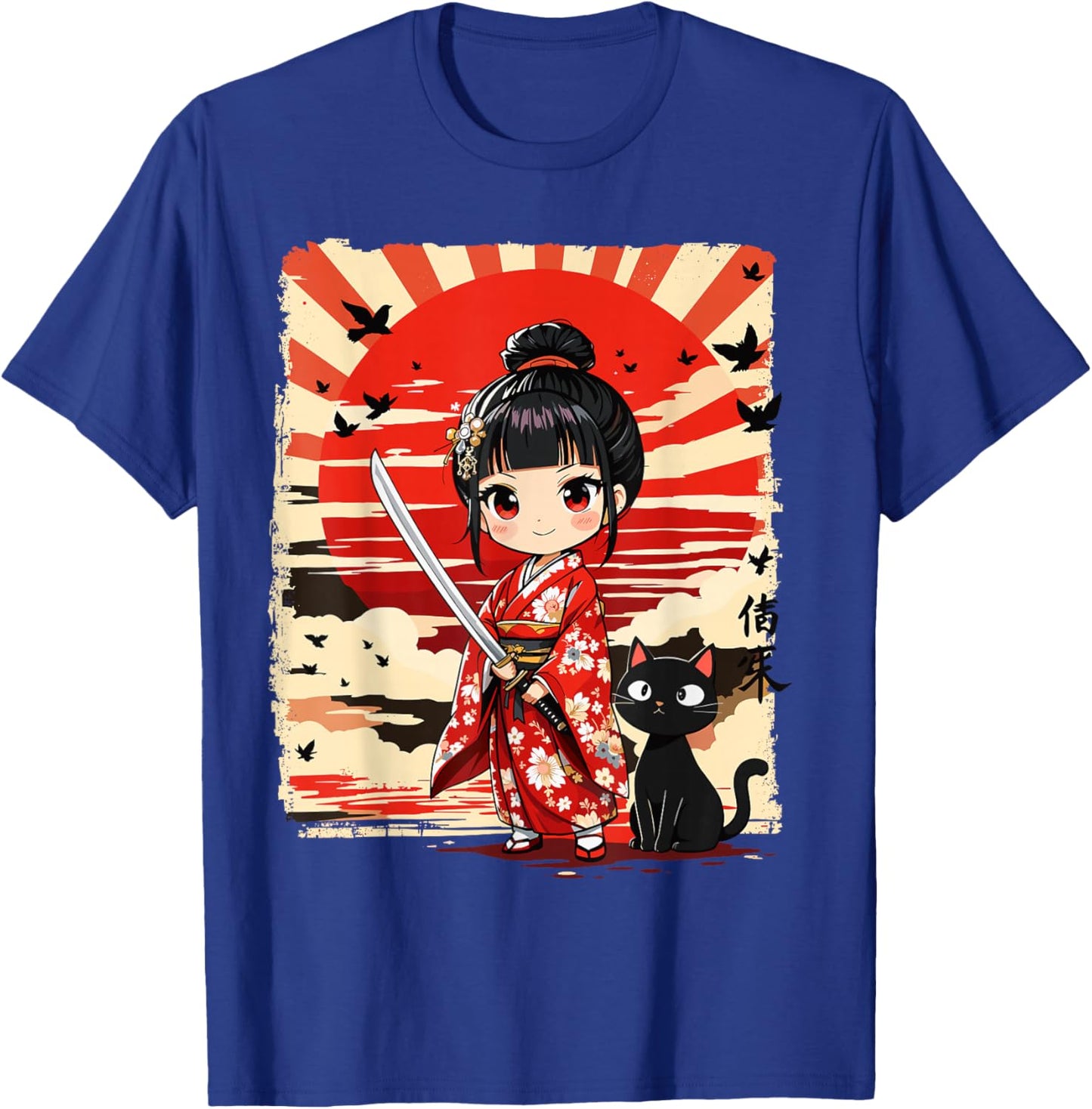Cute Kawaii Samurai Girl and Cat Japanese Anime Kids Girls T-Shirt - T-Shirt | Royal