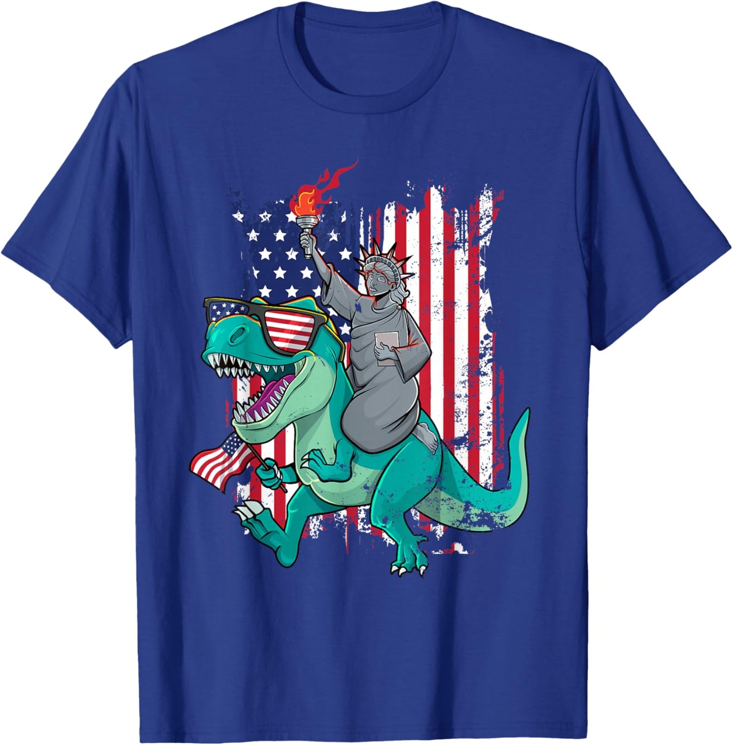 Fourth of July Funny Statue of Liberty Riding Dinosaur T-Rex T-Shirt - T-Shirt | Royal