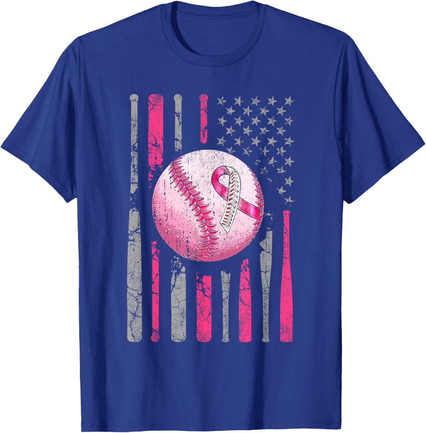 Breast Cancer Baseball Pink Ribboon American Flag Men Women T-Shirt - T-Shirt | Royal