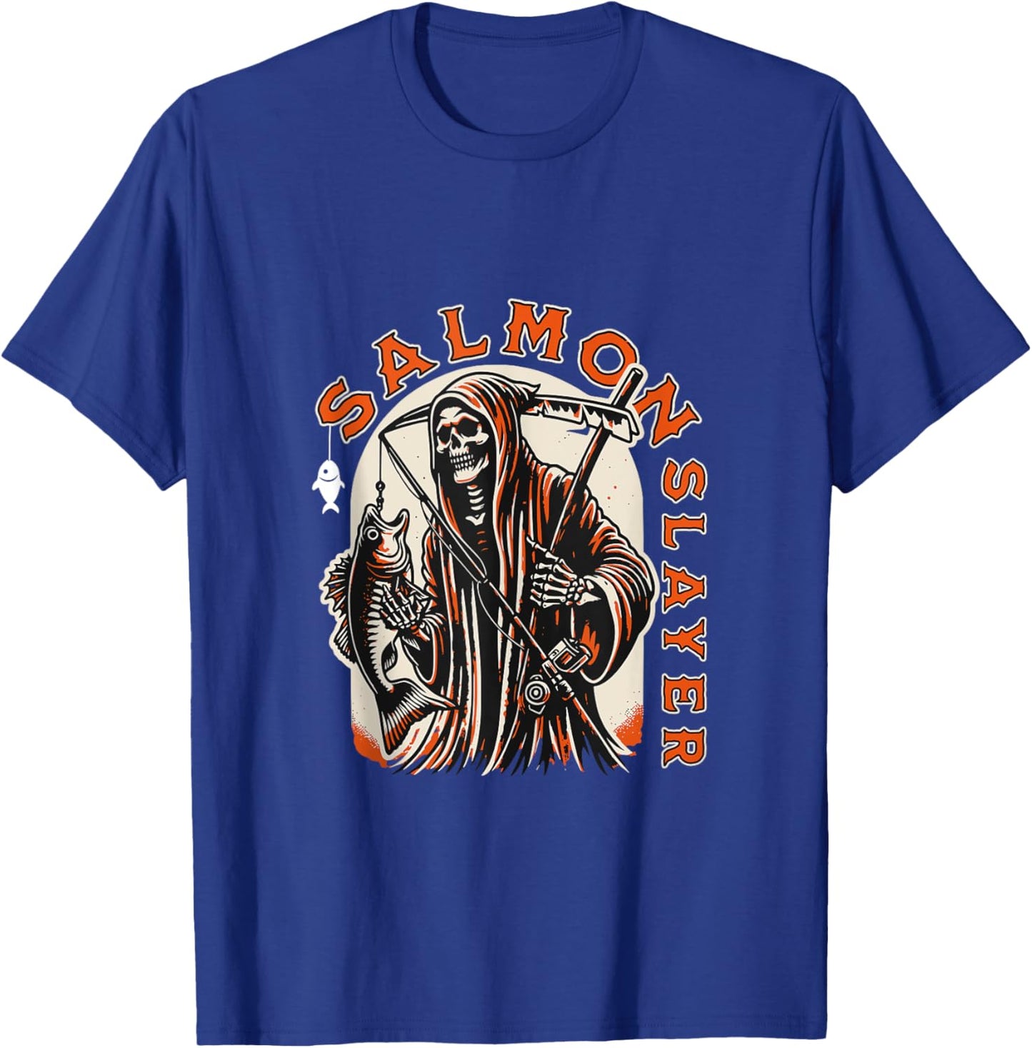 Salmon Slayer Funny skeleton Fishing Salmon Fish T-Shirt - T-Shirt | Royal