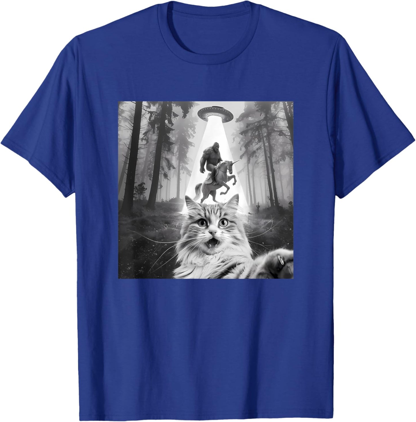Funny UFO Cat Selfie with Bigfoot Forest Unicorn Sasquatch T-Shirt - T-Shirt | Royal