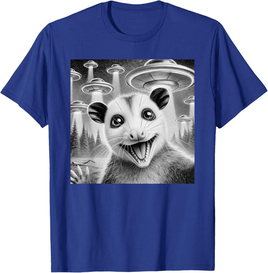 Opossum Selfie With Alien UFO Meme Men Women Kids T-Shirt - T-Shirt | Royal