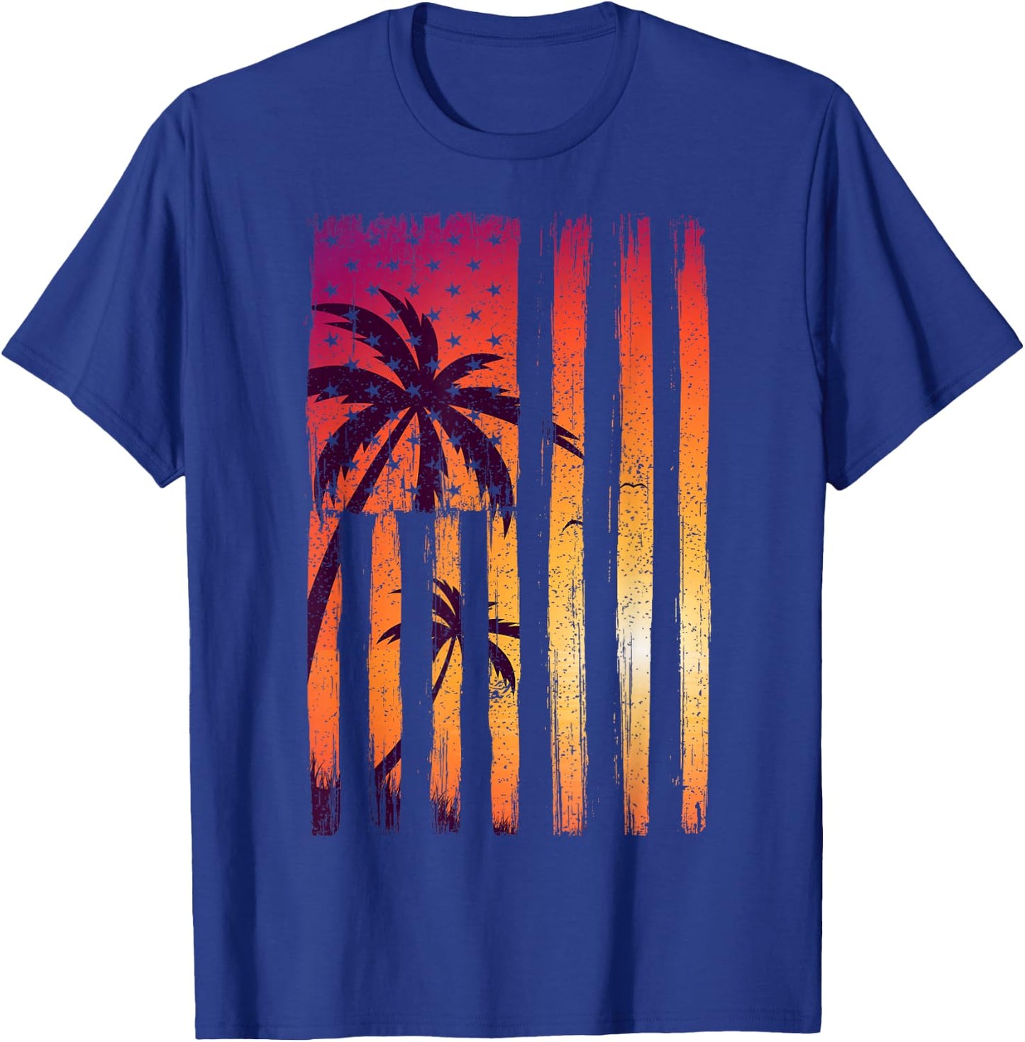 Summer Sunset Palm Trees American Flag Cool Spring Beach T-Shirt - T-Shirt | Royal