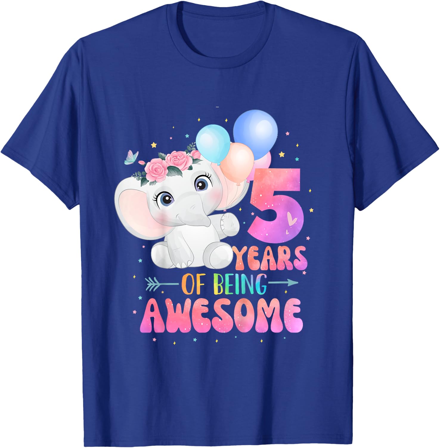 5 Years Of Being Awesome Cute Elephant 5th Birthday Girl T-Shirt - T-Shirt | Royal