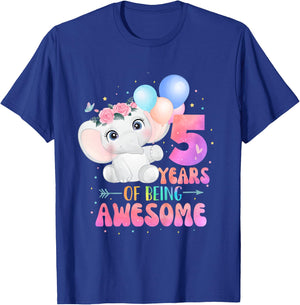 5 Years Of Being Awesome Cute Elephant 5th Birthday Girl T-Shirt - T-Shirt | Royal