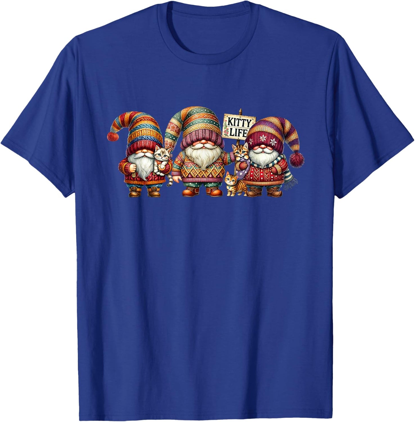 Christmas Gnomes With Cute Kitten For Xmas Funny Cat Lady T-Shirt - T-Shirt | Royal