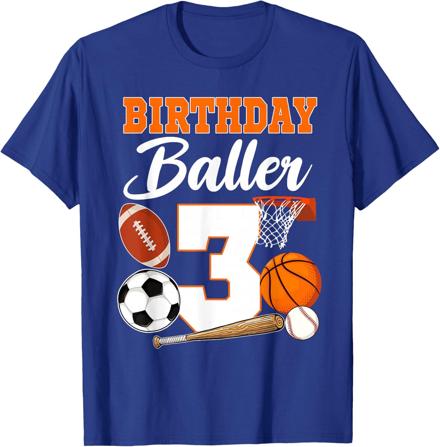 3rd Birthday Sport Balls Theme 3 Year Old Birthday Baller T-Shirt - T-Shirt | Royal